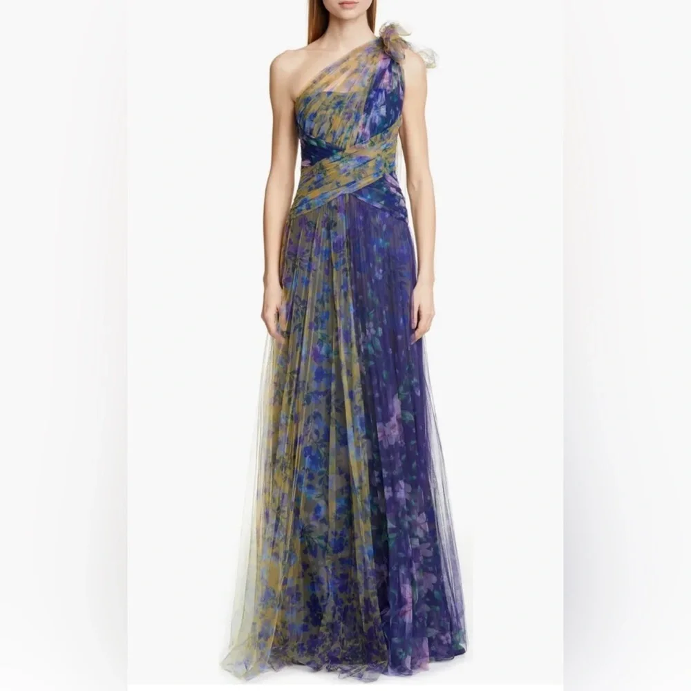 NWT MARCHESA NOTTE One-Shoulder Bow-Detail Tulle Gown In Navy. Size 12